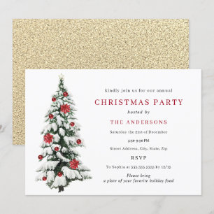 Invitation Arbre de Noël traditionnel Rouge Or Party