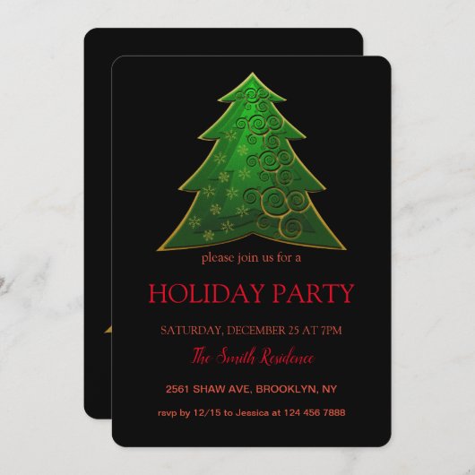 Invitation Arbre de Noël vert, élégamment chic (Devant / Derrière)