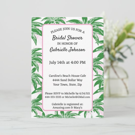 Invitation Arbre de palmier rose vert blanc Fête de douche d' (Debout devant)