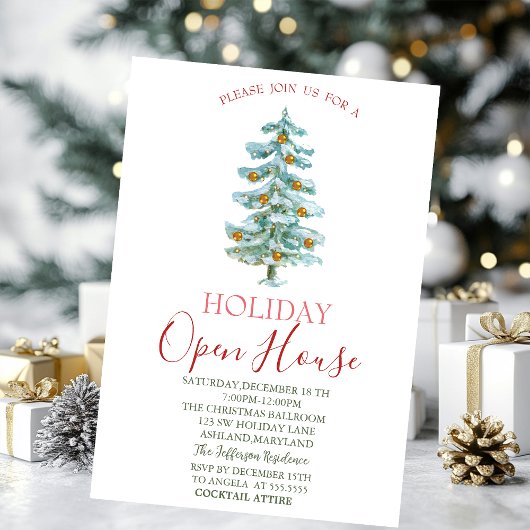 Invitation Arbre de pin aquarelle, Boules dorées, Ouverture d