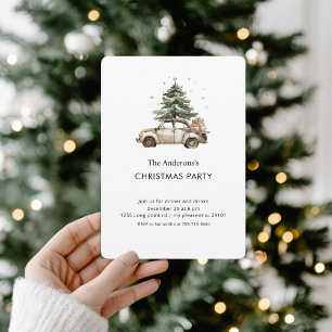 Invitation Arbre de pin aquarelle voiture vintage Noël