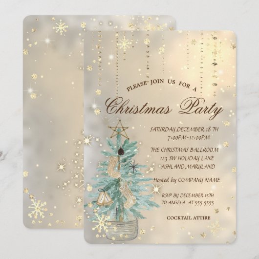 Invitation Arbre de pin de Noël, Étoile, Flammes de neige Noë (Devant / Derrière)