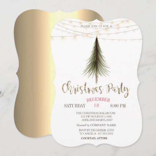 Invitation Arbre de pin de Noël, Lumières Gold Noël (Devant / Derrière)
