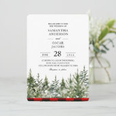 Invitation Arbre de pin vert aquarelle  & carreau de bœuf rou (Debout devant)