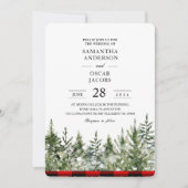 Invitation Arbre de pin vert aquarelle  & carreau de bœuf rou (Devant)