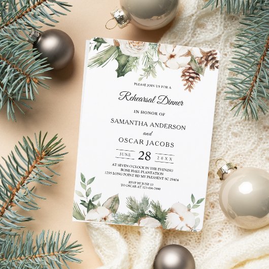 Invitation Arbre de pin vert d'hiver à l'aquarelle & Fleurs b