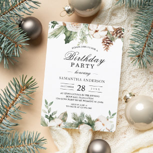 Invitation Arbre de pin vert d'hiver à l'aquarelle & fleurs b