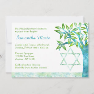 Invitation Arbre de vie aquarelle vert sarcelle Bat Mitzvah