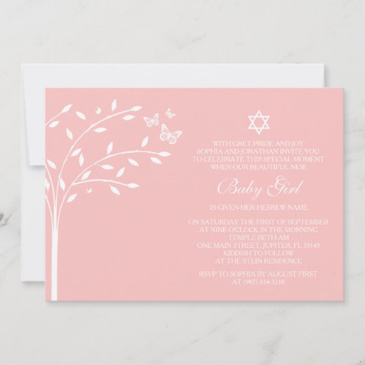 Invitation Arbre de vie Baby Girl Naming Day Papillon rose (Devant)