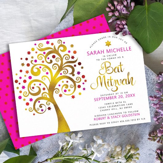 Invitation Arbre de vie en or rose moderne bat mitzvah