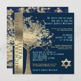 Invitation Arbre de vie Gold et Navy Blue Bar Mitzvah