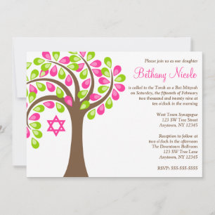 Invitation Arbre de vie moderne Bat mitzvah vert rose