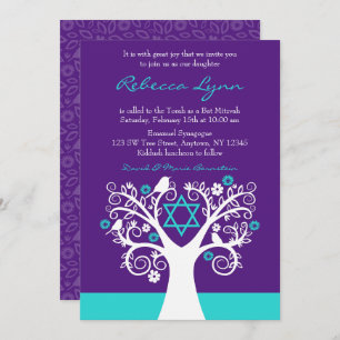 Invitation Arbre de vie Oiseaux pourpres Bat mitzvah Turquois
