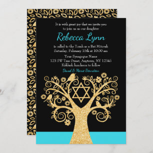 Invitation Arbre de vie Oiseaux Turquoise Blue Gold Bat mitzv