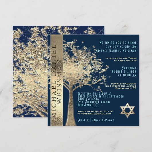 Invitation Arbre de vie Or et Marine Barre Bleue Mitzvah (Devant / Derrière)