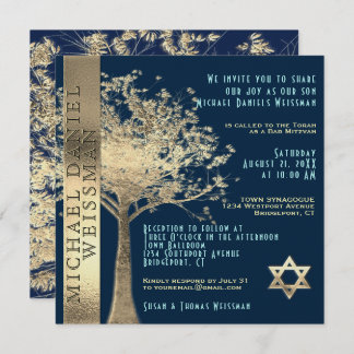 Invitation Arbre de vie Or et Marine Barre Bleue Mitzvah