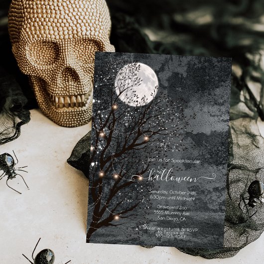 Invitation Arbre d'Halloween Pleine lune foncé et humide