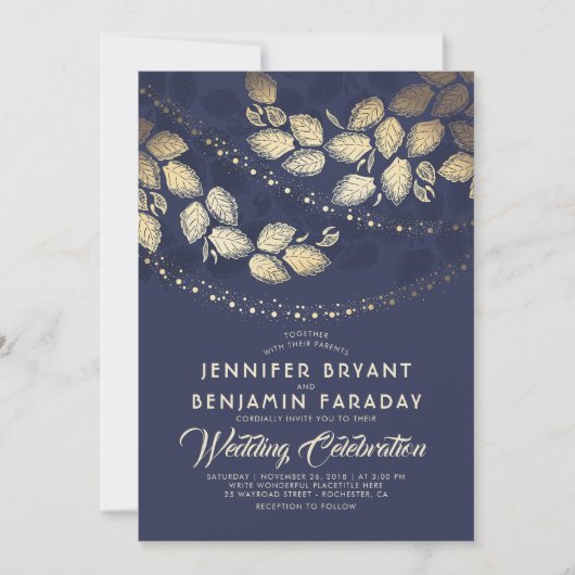 Invitation Arbre d'or Feuilles et lumières | Mariage bleu de  (Devant)