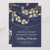 Invitation Arbre d'or Feuilles et lumières | Mariage bleu de  (Devant / Derrière)