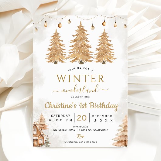 Invitation Arbre d'or Hiver Onederland Noël Anniversaire
