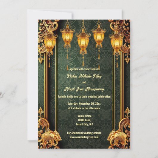 Invitation Arbre d'or vert lanternes d'éléphants indiens flor (Devant)