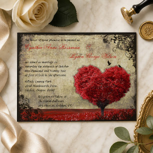 Invitation Arbre et Oiseaux de Mariage Rouge Vintage Rustique