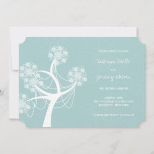 Invitation Arbre Fleur de Neige Aqua Mariage d'Hiver Enregist