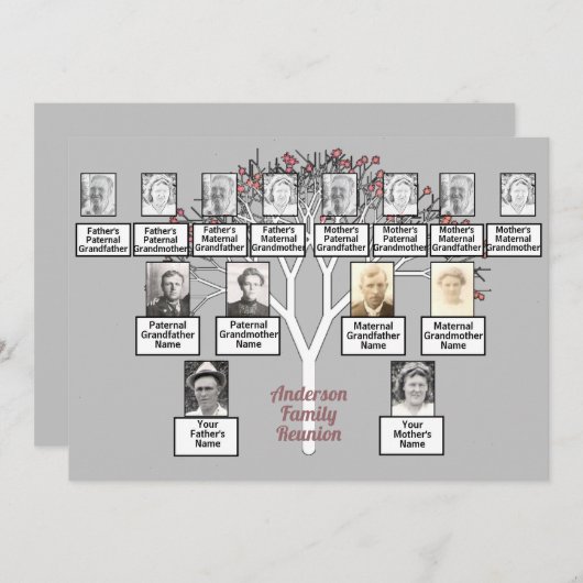 Invitation Arbre fractal rose 3 Génération Famille Réunion Gr (Devant / Derrière)