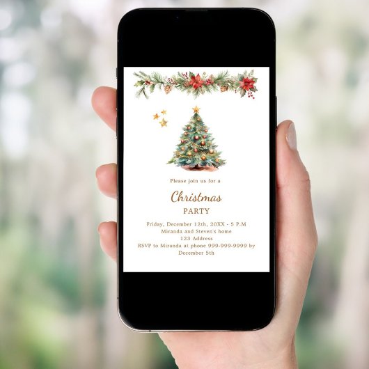 Invitation Arbre garland fleurs rouges QR code Noël