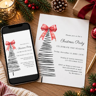 Invitation Arbre gribouillé moderne ruban tartan rouge Fête d