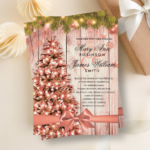 Invitation Arbre, lumières et ruban Mariage de Noël en or ros