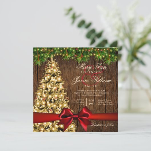 Invitation Arbre Mariage de Noël rustique, lumières et ruban  (Debout devant)
