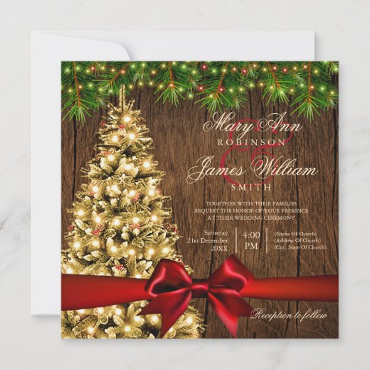 Invitation Arbre Mariage de Noël rustique, lumières et ruban  (Devant)