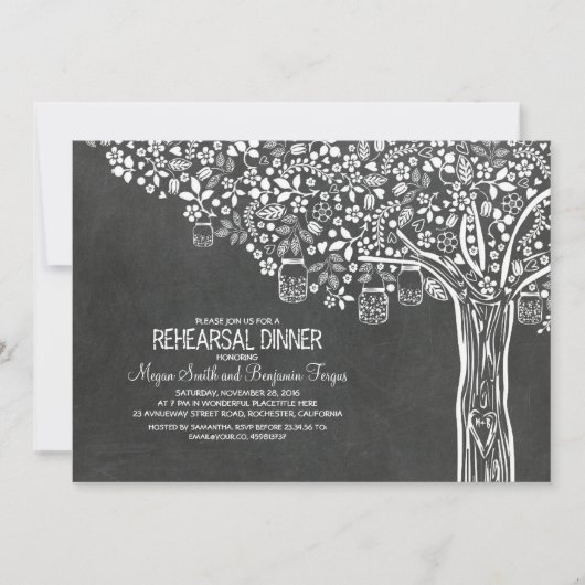 Invitation Arbre Mason Jar Lights Chalkboard Rehearer Dîner (Devant)