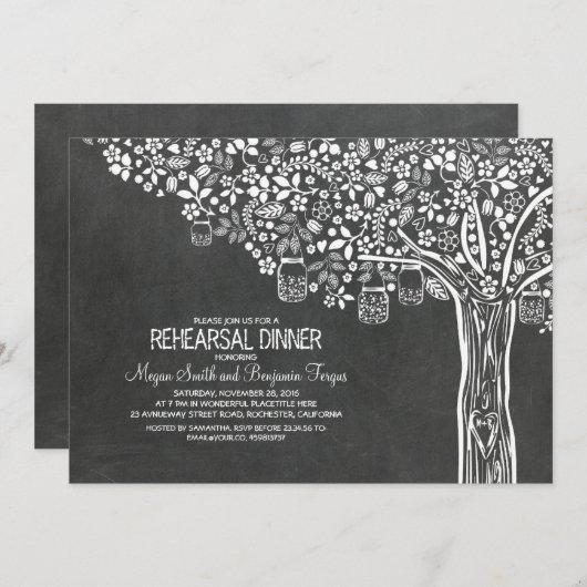 Invitation Arbre Mason Jar Lights Chalkboard Rehearer Dîner (Devant / Derrière)