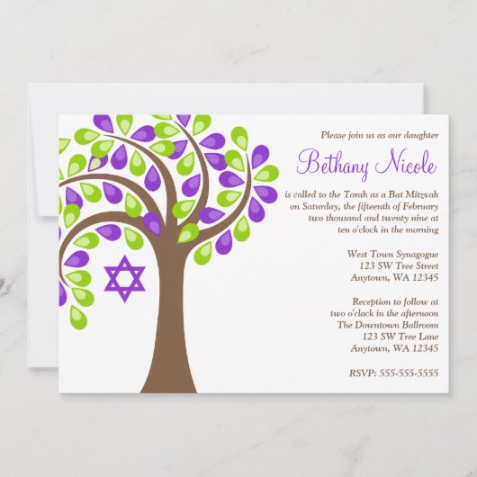 Invitation Arbre moderne de vie Bat mitzvah vert pourpre (Devant)