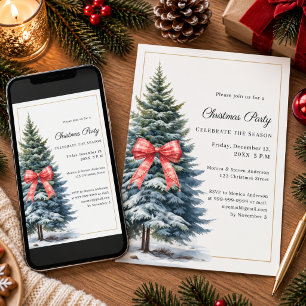 Invitation Arbre neige rouge tartan noeud fête de Noël