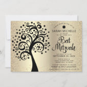 Invitation Arbre noir bat mitzvah de vie Script Gold Foil (Devant)