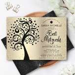 Invitation Arbre noir bat mitzvah de vie Script Gold Foil<br><div class="desc">Soyez fier, réjouissez-vous et présentez cette étape importante de votre Bat mitzvah préféré ! Cet arbre noir graphique avec l'étoile de David et le point "feuilles", avec le script de calligraphie noire, le tout sur un pointillé de parties scintillant or sophistiqué et un arrière - plan à l'ombre, est l'invitation...</div>