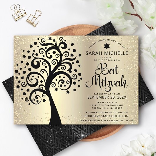 Invitation Arbre noir bat mitzvah de vie Script Gold Foil