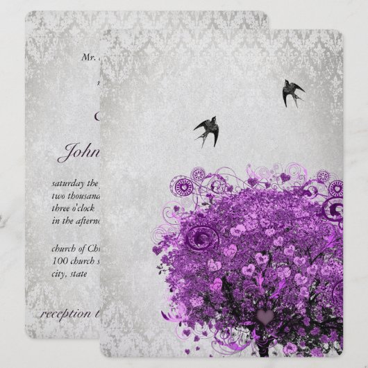 Invitation Arbre oiseaux mariage feuille coeur radiant violet (Devant / Derrière)