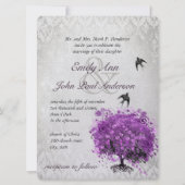 Invitation Arbre oiseaux mariage feuille coeur radiant violet (Dos)