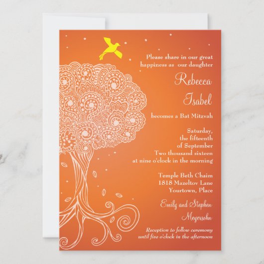 Invitation Arbre orné de la vie Bat mitzvah orange (Devant)