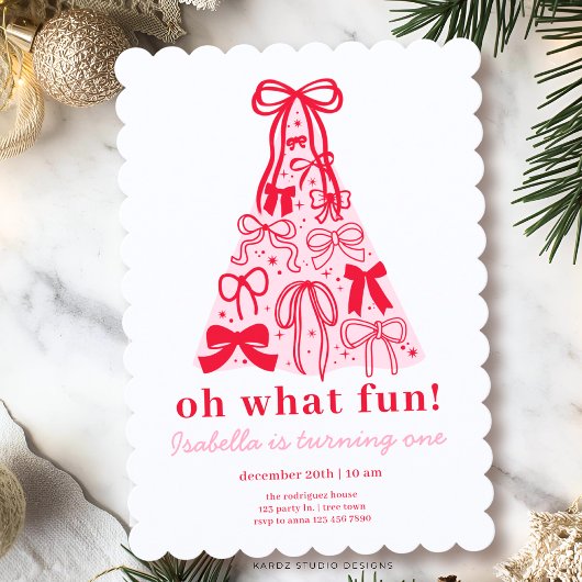 Invitation Arbre Rose Moderne Ruban Rouge 1er Anniversaire