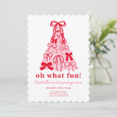 Invitation Arbre Rose Moderne Ruban Rouge 1er Anniversaire (Debout devant)