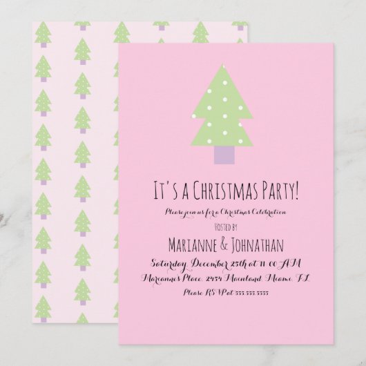 Invitation Arbre Rose Pastel pour Fête de Noël (Devant / Derrière)
