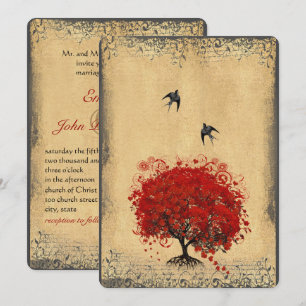 Invitation Arbre Rouge Feuille de Coeur Oiseaux Vintage Papie