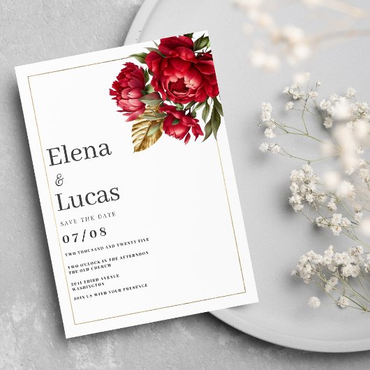 Invitation Arbre rouge or vert pivoines mariage floral