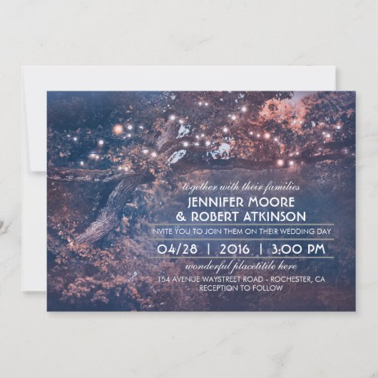 Invitation Arbre Rustique Chaîne Lumières Mariage Bleu Forêt (Devant)