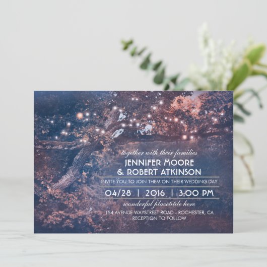 Invitation Arbre Rustique Chaîne Lumières Mariage Bleu Forêt (Debout devant)